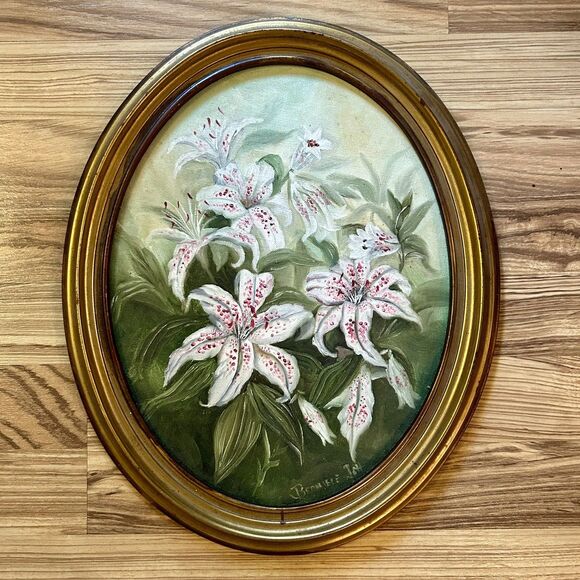 Vintage Original Signed Floral Painting Gold Frame Oval Lilly Lilies 13 x 16 - Picture 1 of 9
